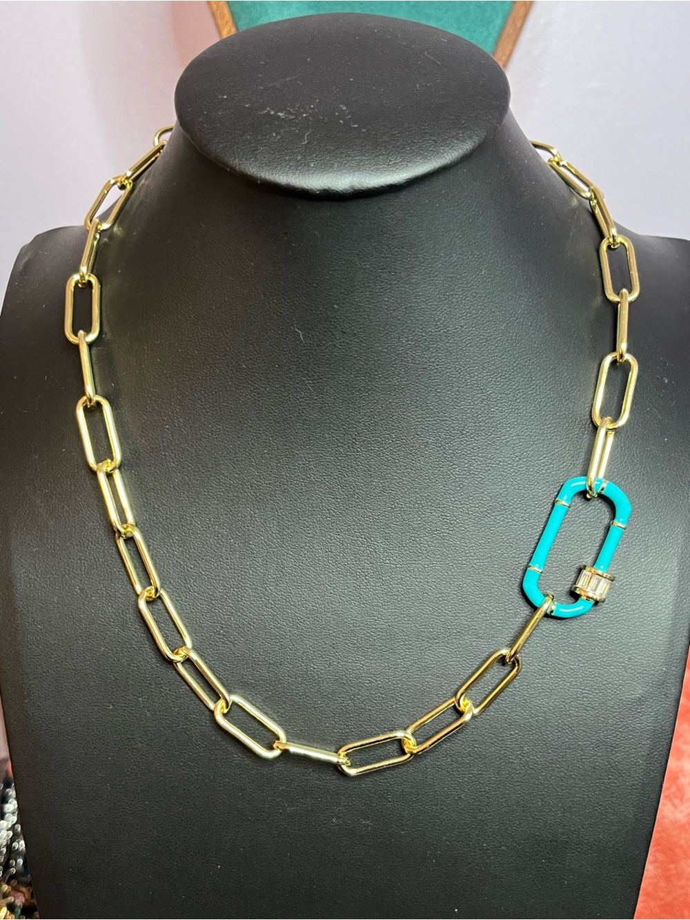 Gold Paperclip Link Necklace with Turquoise Accent Functional Carabiner 16”